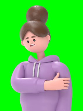 Asyalı kız Renae 'nin 3 boyutlu resmi üzücüdür. Yeşil Ekran Mockup.3D görüntüleme ve kırpma yolu için Yeşil Ekran.