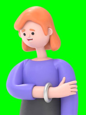 Avrupalı iş kadını Ellen 'ın 3 boyutlu resmi üzücüdür. Yeşil Ekran Mockup.3D görüntüleme ve kırpma yolu için Yeşil Ekran.