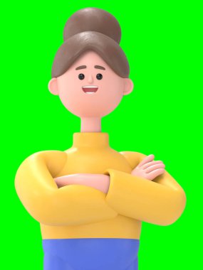 Asyalı Angela 'nın imkansıza dönüşmesinin 3 boyutlu resmi. Yeşil Ekran Mockup3D görüntüleme ve kırpma yolu için Yeşil Ekran.