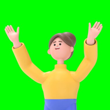 Asyalı kadın Angela 'nın 3 boyutlu resmi. Kazanan, yumruğunu sıkan jest. Trong, Yeşil Ekran Mockup.3D görüntüleme ve kırpma yolu için Yeşil Ekran' a yansıyor..