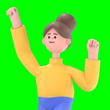 Asyalı kadın Angela 'nın 3 boyutlu resmi. Kazanan, yumruğunu sıkan jest. Trong, Yeşil Ekran Mockup.3D görüntüleme ve kırpma yolu için Yeşil Ekran' a yansıyor..