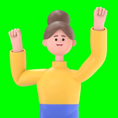 Asyalı kadın Angela 'nın 3 boyutlu resmi. Kazanan, yumruğunu sıkan jest. Trong, Yeşil Ekran Mockup.3D görüntüleme ve kırpma yolu için Yeşil Ekran' a yansıyor..