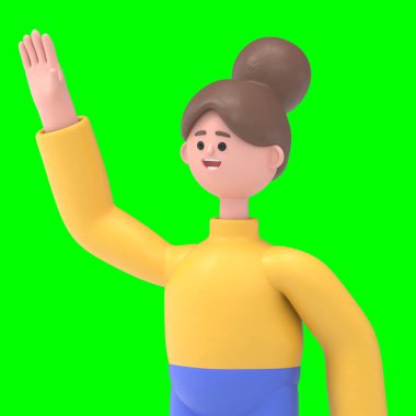 Asyalı kadın Angela 'nın 3 boyutlu illüstrasyonu. Yeşil Ekran Mockup.3D görüntüleme ve kırpma yolu için Yeşil Ekran.