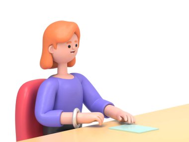 Avrupalı iş kadını Ellen 'ın 3 boyutlu bir resimde bir masanın arkasında otururken görüntüler ve kırpma yolu için Yeşil Ekran' da 3D görüntüleme yapıyor..
