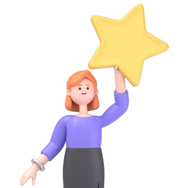 Avrupalı iş kadını Ellenn 'ın el sallayarak selam verişi ve büyük bir 3D yıldız tutuşu görüntüsü Yeşil Ekran' da görüntüleme ve kırpma yolu için.