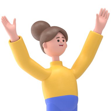 Asyalı kadın Angela 'nın 3 boyutlu resmi. Kazanan, yumruğunu sıkan jest. Trong, Yeşil Ekran Mockup.3D görüntüleme ve kırpma yolu için Yeşil Ekran' a yansıyor..