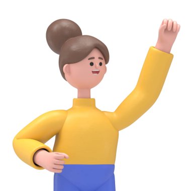 Asyalı kadın Angela 'nın 3 boyutlu resmi. Kazanan, yumruğunu sıkan jest. Trong, Yeşil Ekran Mockup.3D görüntüleme ve kırpma yolu için Yeşil Ekran' a yansıyor..