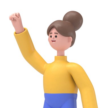 Asyalı kadın Angela 'nın 3 boyutlu resmi. Kazanan, yumruğunu sıkan jest. Trong, Yeşil Ekran Mockup.3D görüntüleme ve kırpma yolu için Yeşil Ekran' a yansıyor..