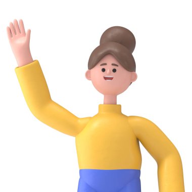Asyalı Angela 'nın üç boyutlu resmi, el kaldırma, Yeşil Ekran Mockup.3D görüntüleme ve kırpma yolu için Yeşil Ekran.