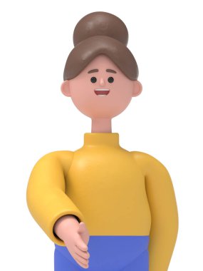 Asyalı Angela 'nın 3 boyutlu resmi. Yeni işçiyi selamlıyor ya da karşılıyor. Yeşil Ekran Mockup3D görüntüleme ve kırpma yolu için Yeşil Ekran' a yansıtılıyor..