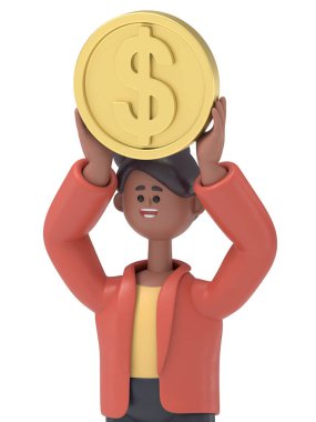 Elinde altın sikke olan Afrikalı Amerikalı Coco 'nun 3 boyutlu resmi. Yeşil Ekran Mockup3D görüntüleme ve kesme yolu için Yeşil Ekran Mockup3D.