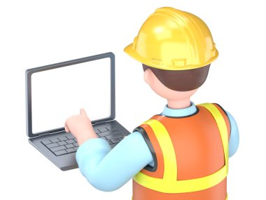 Diz üstü bilgisayar tutan erkek mühendis Owen 'ın 3 boyutlu görüntüsü. Beyaz Ekran Mockup3D görüntüleme ve kırpma yolu için beyaz ekran.