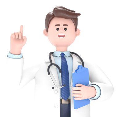 Doktor Lincoln 'un 3 boyutlu resmi gösteriyor ki parmak yukarıda boş bir pano tutuyor. Beyaz Ekran Mockup.3D görüntüleme ve kırpma yolu için beyaz ekran üzerinde görüntüleniyor..