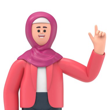 Gülümseyen Arap kadın Ghaliyah 'ın 3 boyutlu çizimi işaret ediyor. Beyaz Ekran Mockup3D görüntüleme ve kırpma yolu için beyaz ekrana yansıtılıyor.