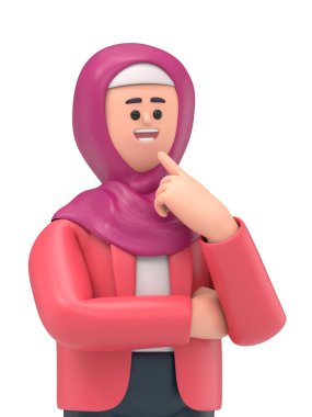 Soru işaretleriyle çevrili gülümseyen Arap kadın Ghaliyah 'ın 3 boyutlu çizimi. Beyaz Ekran Mockup3D görüntüleme ve kırpma yolu için beyaz ekran.