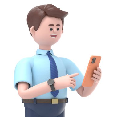 Asyalı Felix 'in elinde akıllı telefon olan 3 boyutlu bir resim. Beyaz Ekran Mockup3D görüntüleme ve kırpma yolu için beyaz ekran.