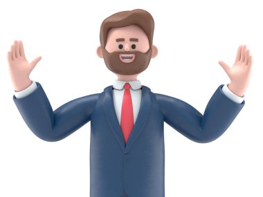 Sakallı Amerikalı iş adamı Bob 'un 3 boyutlu resmi başarılı beyaz ekran Mockup3D' yi görüntüler ve kırpma yolu için beyaz ekrana yansıtıyor.