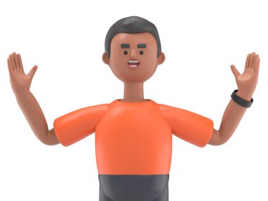 Yakışıklı adam David 'in 3D çizimi başarıyı kutluyor. Beyaz Ekran Mockup3D görüntüleme ve kırpma yolu için beyaz ekran.