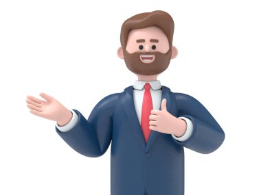 3D resimde gülümseyen Asyalı kadın avuç içini gösteriyor ve baş parmaklarıyla ok hareketi yapıyor, 3D görüntüleme ve kırpma yolu için beyaz ekranda canlandırma yapıyor.