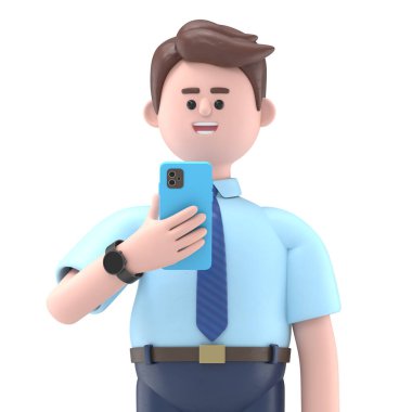 Asyalı Felix 'in telefonlu 3D görüntüsü. Beyaz Ekran Mockup.3D görüntüleme ve kırpma yolu için beyaz ekran görüntüsü.