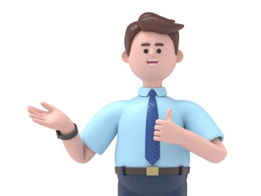 3D resimde gülümseyen Asyalı kadın avuç içini gösteriyor ve baş parmaklarıyla ok hareketi yapıyor, 3D görüntüleme ve kırpma yolu için beyaz ekranda canlandırma yapıyor.