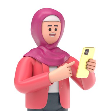 Mobil ekranda gülümseyen Arap kadın Ghaliyah 'ın 3 boyutlu resmi. Beyaz Ekran Mockup.3D görüntüleme ve kırpma yolu için beyaz ekran.