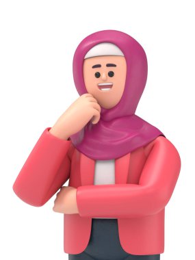 Soru işaretleriyle çevrili gülümseyen Arap kadın Ghaliyah 'ın 3 boyutlu çizimi. Beyaz Ekran Mockup3D görüntüleme ve kırpma yolu için beyaz ekran.