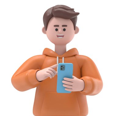 Mobil ekranda telefonu tutan erkek Qadir 'in 3 boyutlu görüntüsü. Beyaz Ekran Mockup3D görüntüleme ve kırpma yolu için beyaz ekranda görüntüleniyor..