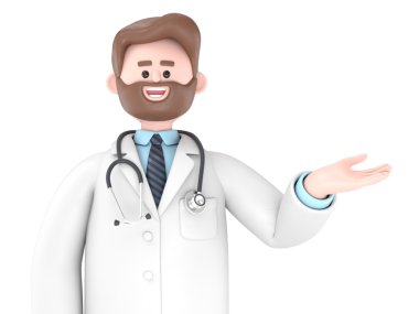 Erkek Doktor Iverson 'ın büyük fonlu 3 boyutlu resmi. Çizgi film karakterlerinin portreleri ekranı işaret eden adam, mavi arka planda izole edilmiş tıbbi sunum klipsi.