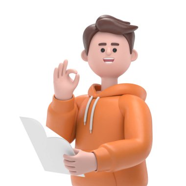 Erkek adam Qadir 'in 3 boyutlu görüntüsü, tamam jestli. Beyaz Ekran Mockup3D görüntüleme ve kırpma yolu için beyaz ekran.