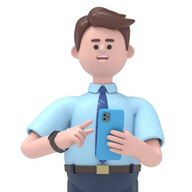 Asyalı Felix 'in mobil ekranda telefonu tutarken 3D görüntüsü. Beyaz Ekran Mockup3D görüntüleme ve kırpma yolu için beyaz ekrana yansıtıyor..