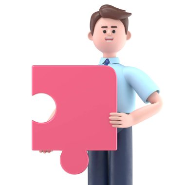 Asyalı Felix 'in bulmaca elementlerini birbirine bağladığı 3D görüntü. Beyaz Ekran Mockup3D görüntüleme ve kırpma yolu için beyaz ekran.