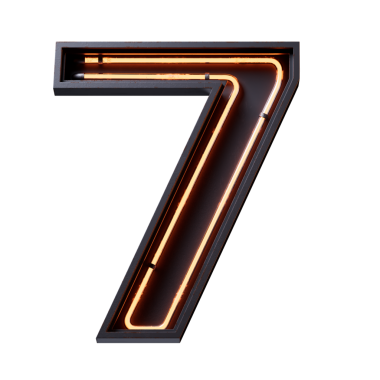 Turuncu Neon ışıklı basamağın 3 boyutlu illüstrasyonu 7 numaralı karakter yazı tipi. Siyah metal kutuda turuncu ışık efekti. Şeffaf arkaplan içeren PNG dosyalarını gönderir.