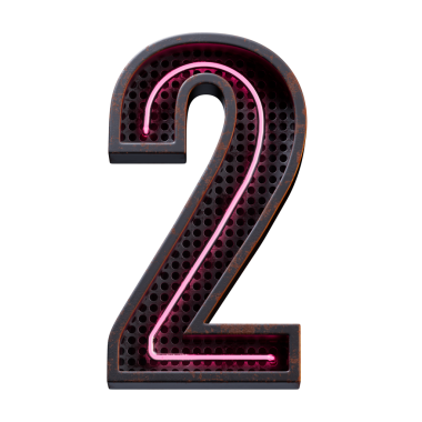 Pembe Neon 'un 3 boyutlu çizimi 2 numaralı karakter yazı tipi. Siyah paslı metal kutuda neon tüp numarası Pembe parıltı efekti. Şeffaf arkaplan içeren PNG dosyalarını gönderir.