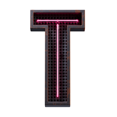 Pembe Neon ışık alfabesi karakterinin 3 boyutlu çizimi. Büyük harf T. Neon tüpü büyük harf. Siyah paslı metal kutuda pembe parıltı efekti. Şeffaf arkaplan PNG dosyalarını yükseltir..