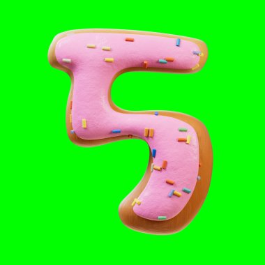 5 numaralı Rose Glazed Donut font alfabesi. Kremanın üstüne de lezzetli süslemeler. Görüntüler ve kırpma yolu için Yeşil Ekran 'da 3B görüntüleme.