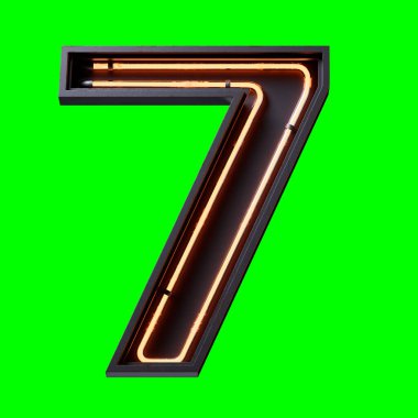 Turuncu Neon ışıklı basamağın 3 boyutlu illüstrasyonu 7 numaralı karakter yazı tipi. Siyah metal kutu 3D 'de turuncu ışık efekti. Görüntüler ve kırpma yolu için Yeşil Ekran' da görüntüleniyor..