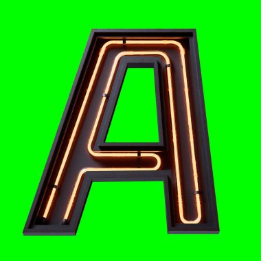 Turuncu Neon ışıklı alfabe karakteri Büyük harf A 'nın 3 boyutlu çizimi. Neon tüpü Büyük harf turuncu ışık efekti siyah metal kutu 3D görüntüleme ve kırpma yolu için Yeşil Ekran üzerinde.