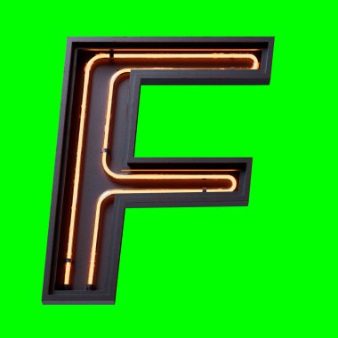 Turuncu Neon ışıklı alfabe karakteri F harfinin 3 boyutlu çizimi. Neon tüpü büyük harfi. Siyah metal kutu 3D ile turuncu parlama efekti..