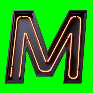 Turuncu Neon ışıklı alfabe karakterinin 3 boyutlu çizimi. Büyük harf M. Neon tüpü Capital harfi. Siyah metal kutu 3D ile turuncu parlama efekti..