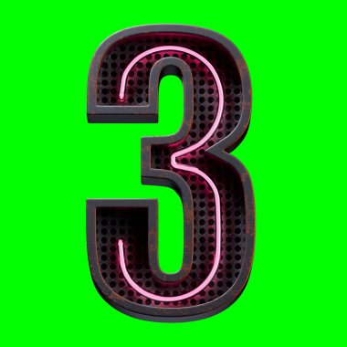 Pembe Neon ışıklı basamağın 3 boyutlu illüstrasyonu karakter 3 yazı tipi. Siyah paslı metal kutu 3D 'deki neon tüp numarası Pembe parıltı efekti Yeşil Ekran' da görüntüleme ve kırpma yolu için oluşturuldu.