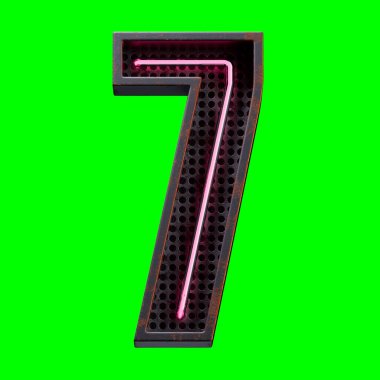 Pembe Neon ışıklı basamağın 3 boyutlu çizimi 7 numaralı karakter yazı tipi. Siyah paslı metal kutu 3D 'deki neon tüp numarası Pembe parıltı efekti Yeşil Ekran' da görüntüleme ve kırpma yolu için oluşturuldu.