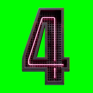 Pembe Neon 'un 3 boyutlu çizimi 4 numaralı karakter yazı tipi. Siyah paslı metal kutu 3D 'deki neon tüp numarası Pembe parıltı efekti Yeşil Ekran' da görüntüleme ve kırpma yolu için oluşturuldu.