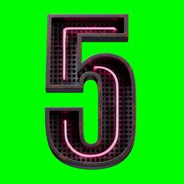 Pembe Neon 'un 3 boyutlu çizimi 5 numaralı karakter yazı tipi. Siyah paslı metal kutu 3D 'deki neon tüp numarası Pembe parıltı efekti Yeşil Ekran' da görüntüleme ve kırpma yolu için oluşturuldu.