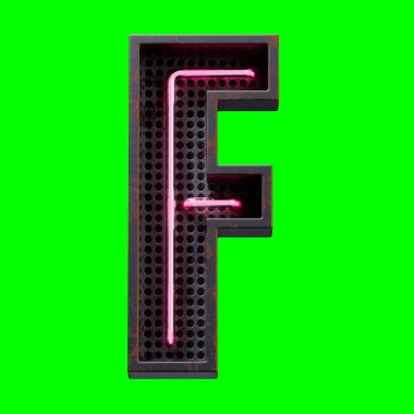 Pembe Neon ışıklı alfabe karakteri Büyük harf F. Neon tüpü büyük harf Pembe Pembe Pembe parıltı efekti Siyah paslı metal kutu 3D görüntüleme ve kırpma yolu için Yeşil Ekran üzerinde.