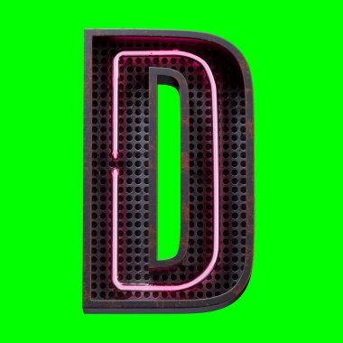 Pembe Neon ışıklı alfabe karakteri D harfinin 3 boyutlu bir illüstrasyonu. Neon tüpü büyük harfi. Siyah paslı metal kutu 3D ile Pembe ışık efekti..