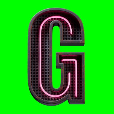 Pembe Neon ışıklı alfabe karakterinin 3 boyutlu çizimi. Büyük harf G. Neon tüpü Capital harfi. Siyah paslı metal kutu 3D görüntüleme ve kırpma yolu için yeşil ekran üzerinde Pembe ışık efekti..