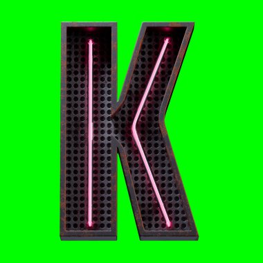 Pembe Neon ışıklı alfabe karakteri Büyük harf K. Neon tüpü büyük harf Pembe parlak efekt Siyah paslı metal kutu 3D görüntüleme çekim ve kırpma yolu için Yeşil Ekran üzerinde.