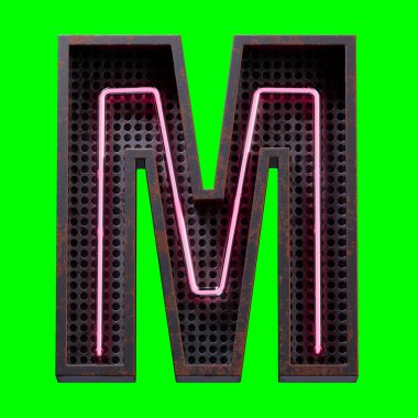 Pembe Neon ışıklı alfabe karakterinin 3 boyutlu bir illüstrasyonu. Büyük harf M. Neon tüpü Capital harfi. Siyah paslı metal kutu 3D görüntüleme ve kırpma yolu için Yeşil Ekran 'da Pembe Parlak Efekt..