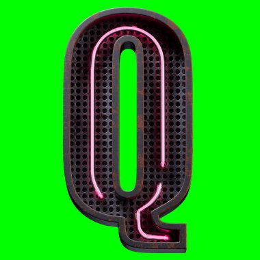 Pembe Neon ışıklı alfabe karakteri Büyük harf Q 'nun 3 boyutlu çizimi. Neon tüpü Büyük harf Pembe Pembe Pembe efekt Siyah paslı metal kutu 3D görüntüleme ve kırpma yolu için Yeşil Ekran üzerinde.